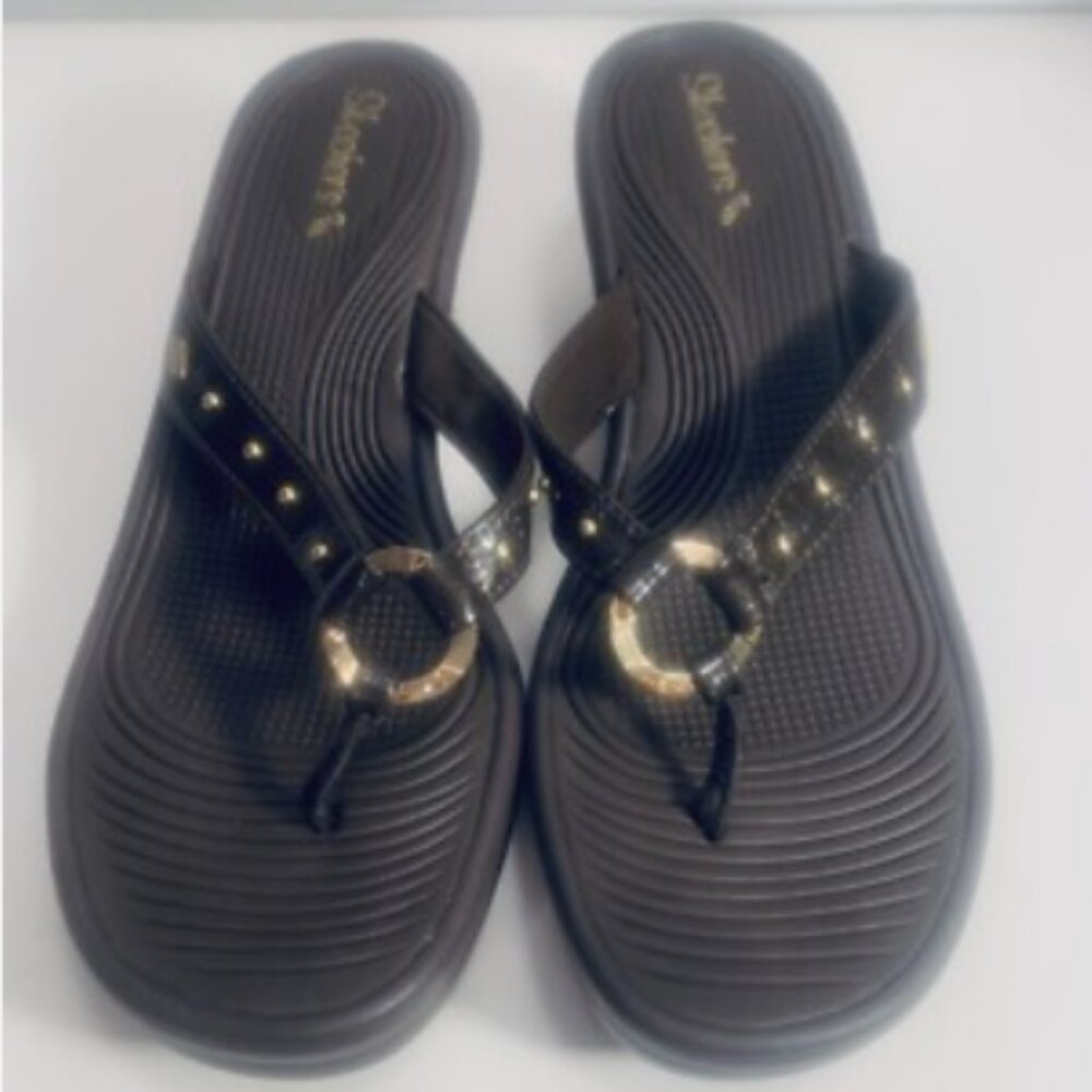 Skechers EUC Women's Brown Size 9 Cali Kitty Wedge Heel Studded Thong Sandals